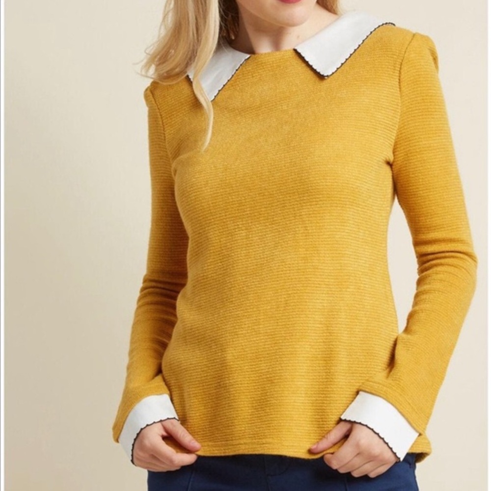 ModCloth look mustard yellow women’s sweater Peter Pan collar size XL READ
